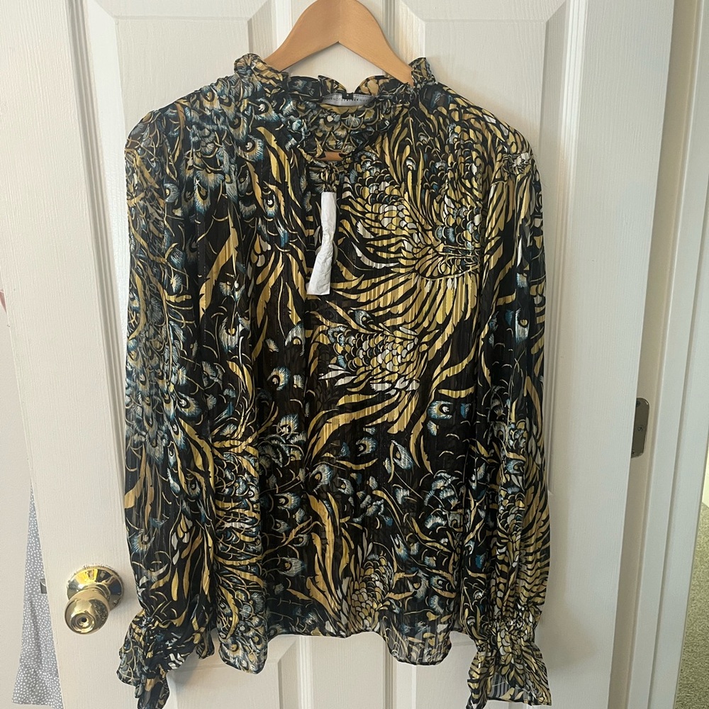 White House Black Market Black and Gold Patterned Blouse